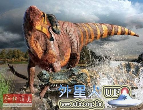 科学家在美国犹他州发现了鼻王龙骨骼化石，并对其死前遭到巨型鳄袭击的一幕进行了复原（美国趣味科学网站）