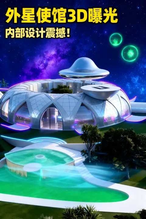 外观如同漂浮在未来城市中的能量方舟，内部设计融合了外星科技与地球美学。